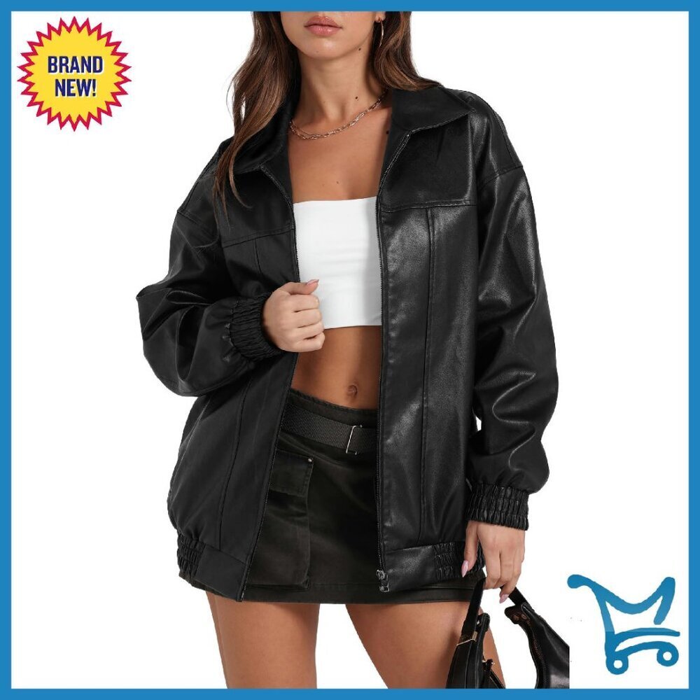 Oversized Faux Leather Motorcycle Jacket Women's Bomber Coat Fall Winter